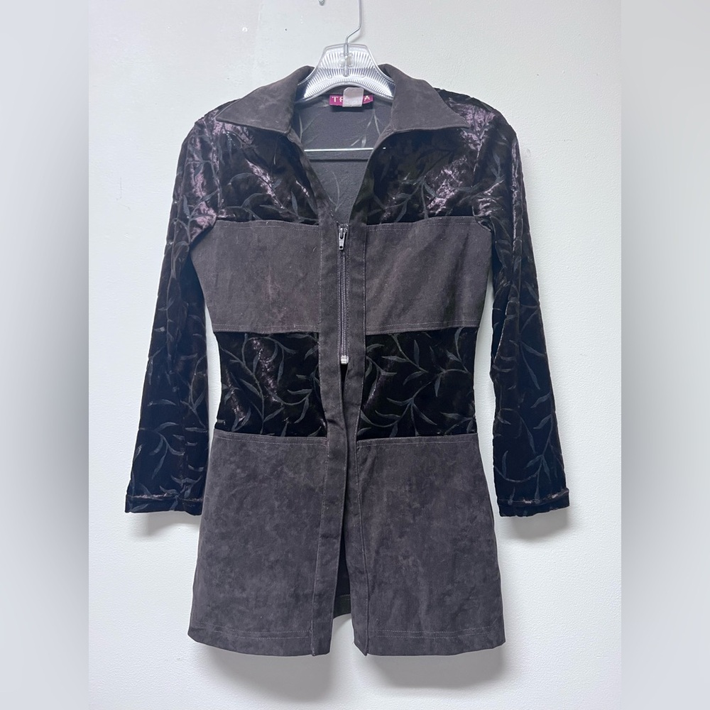 Vintage Y2K Sm-med Maroon Burnout Velvet Moody Whimsigoth Fairy Zip Front Top